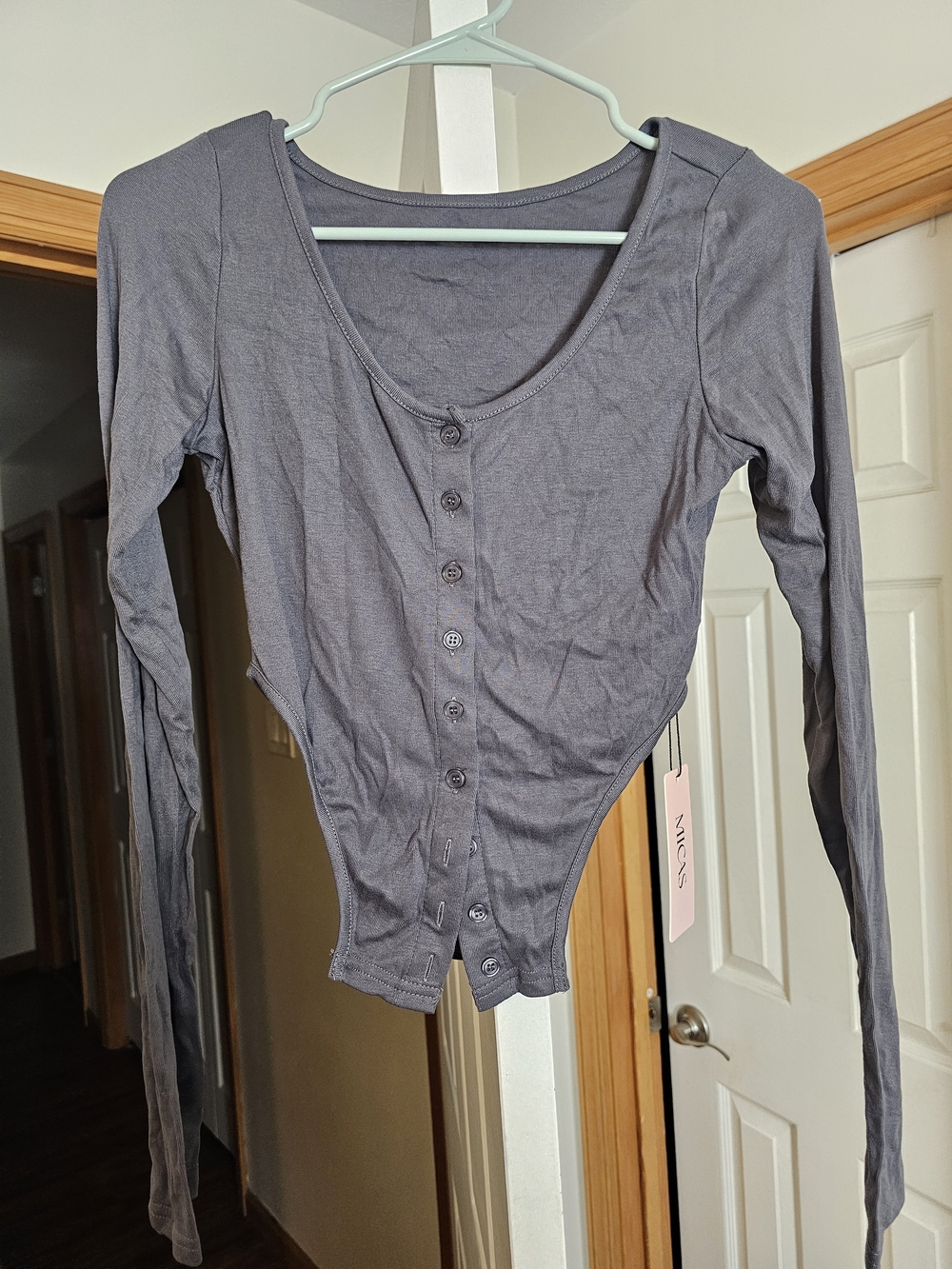 Long-Sleeve Gray Button-Front Womens Top